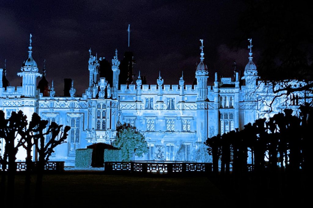 Knebworth House in Hertfordshire lights up blue for the NHS in 2020