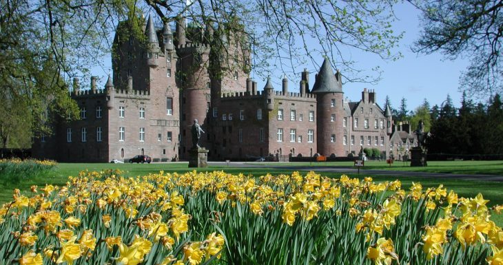 Glamis Castle in Scotland with daffodils