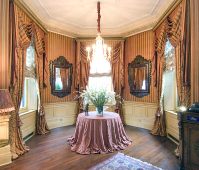 25 Kensington Gore chandelier and curtains