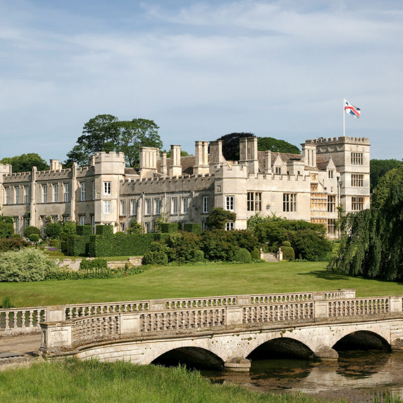 Deene Park historic house with garden bridge