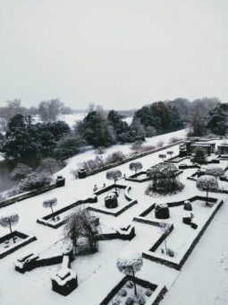 Deene Park snow across the garden landscaping