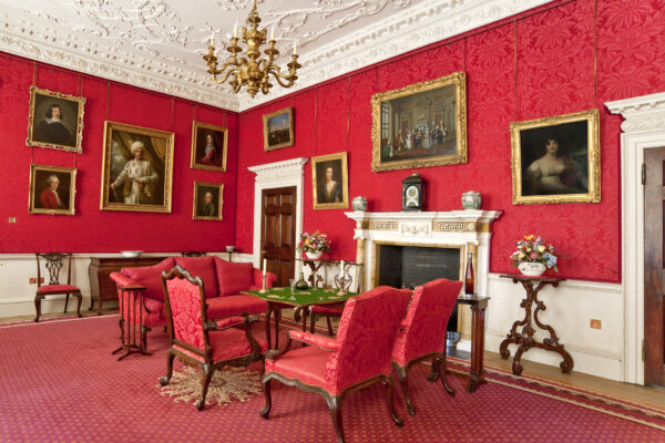 Fairfax House red wallpaper with paintings