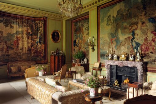 Floors Castle Kelso Drawing Room with tapestries and fireplace