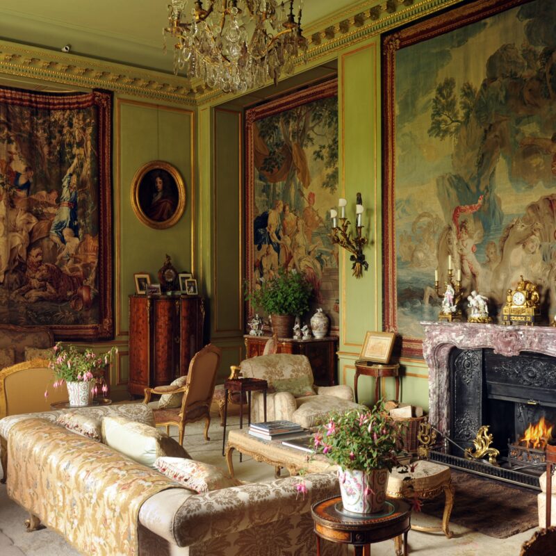 Floors Castle Kelso Drawing Room with tapestries and fireplace