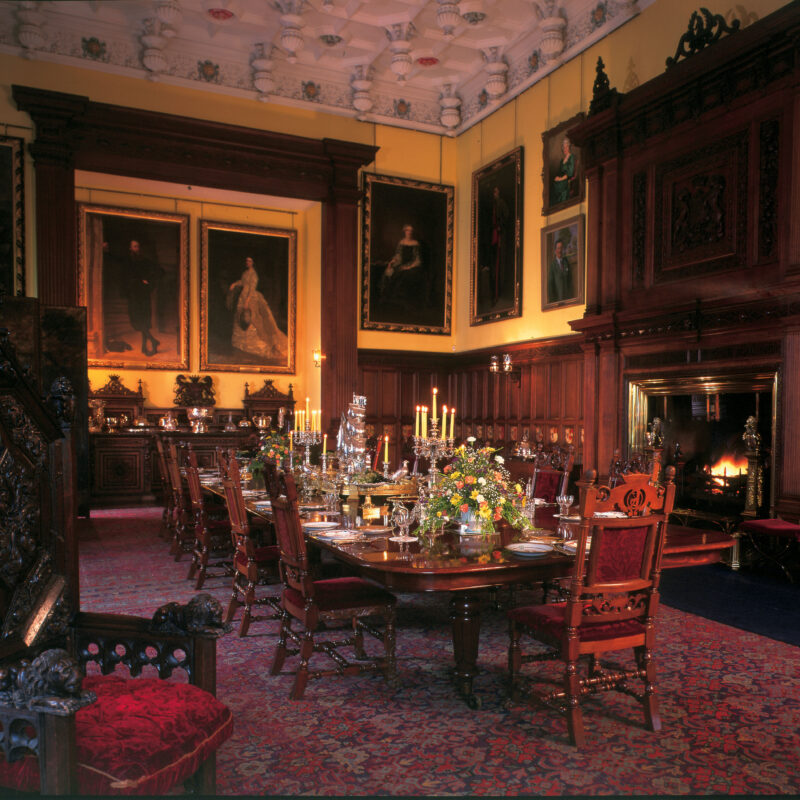 Glamis Castle Great Hall with dining and fireplace