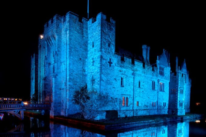 Hever Castle lights blue for the NHS during Covid-19, April 2020
