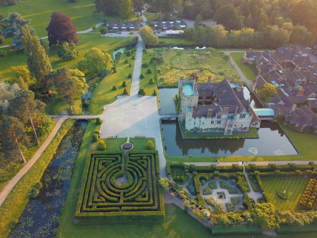 Hever Castle and Gardens from above including a maze