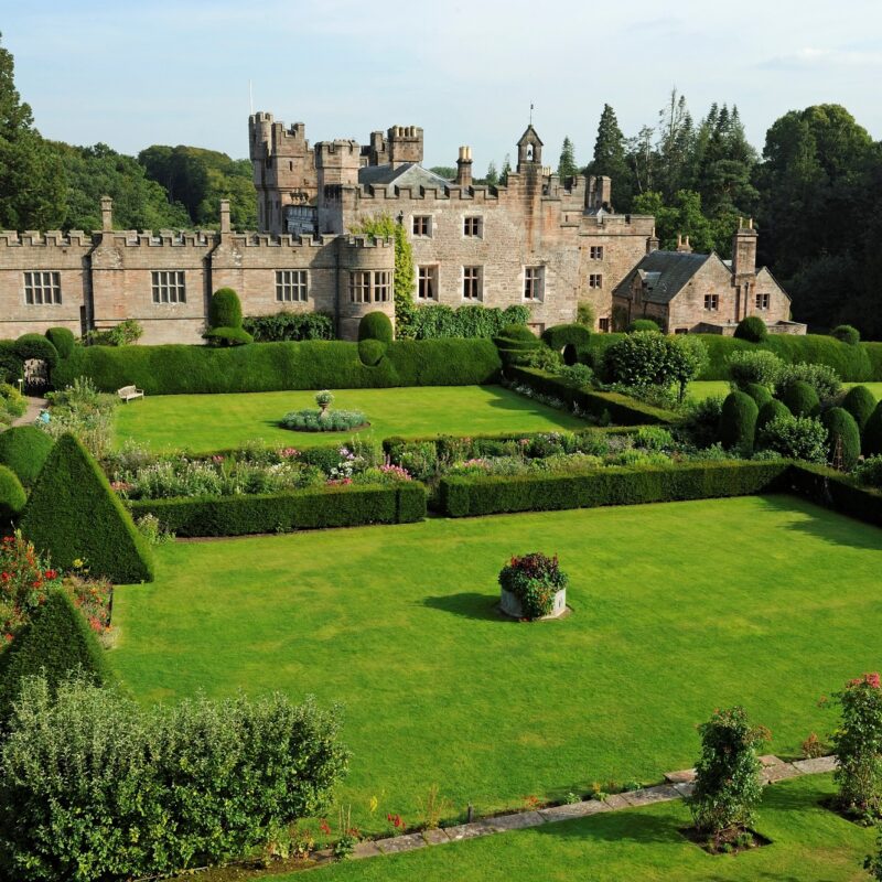 Hutton in the Forest grounds and historic house seen from above