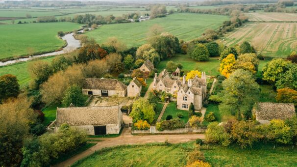 Kelmscott Manor historic Gloucestershire house overhead photograph