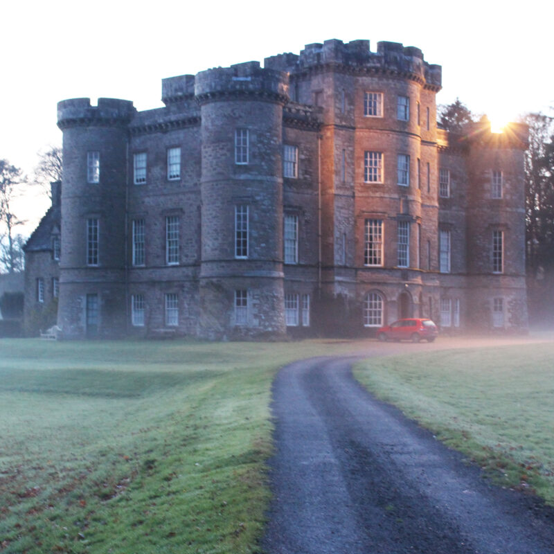 Monzie Castle in the mist in Scotland