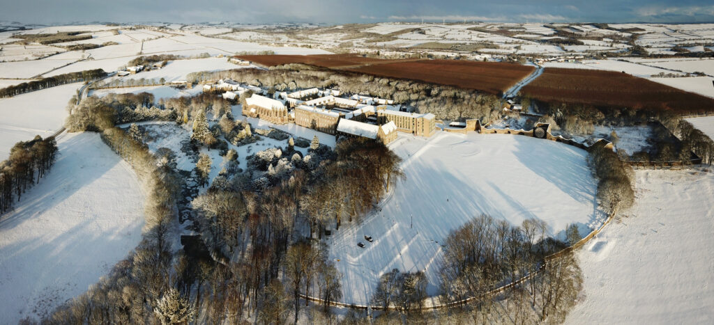 Panorama of Ushaw Historic House in the snow in 2021