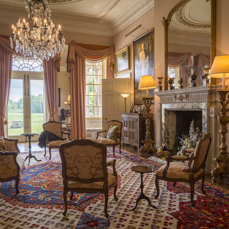 Stansted Park Drawing Room with fireplace and chandelier