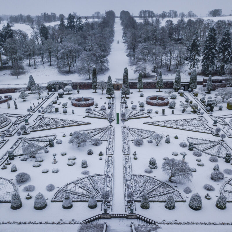 Snow covered Drummond Castle Gardens, Perthshire as Storm Christoph hits the UK. Photo by Katielee Arrowsmith