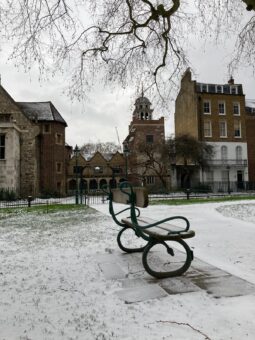 The Charterhouse 2021 snow on the bench