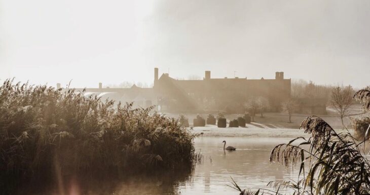 The Old Hall, Ely, sunrise with swan on the lake