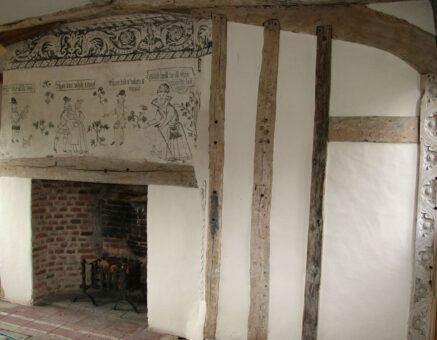 West Stow Hall paintings on the wooden beam wall