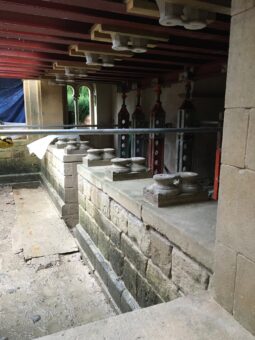 Iford Manor Column bases relocated on recently reconstructed dwarf walls