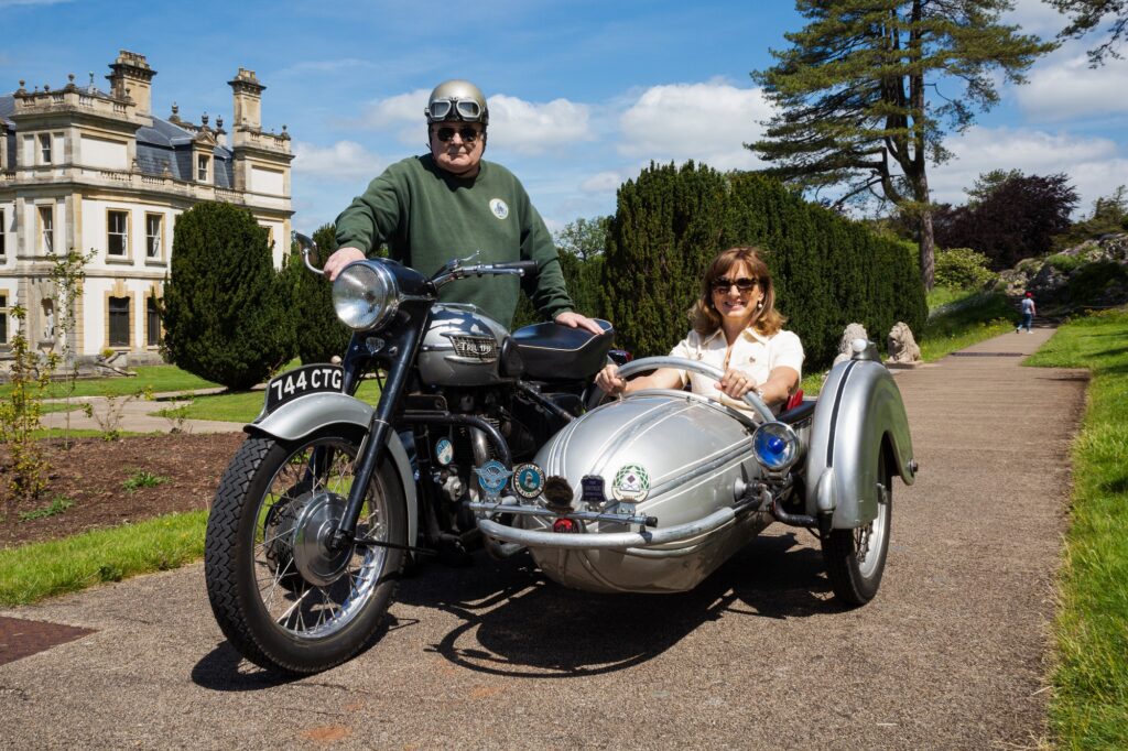 Fiona Bruce in sidecar, Dyffryn Gardens, Wales.