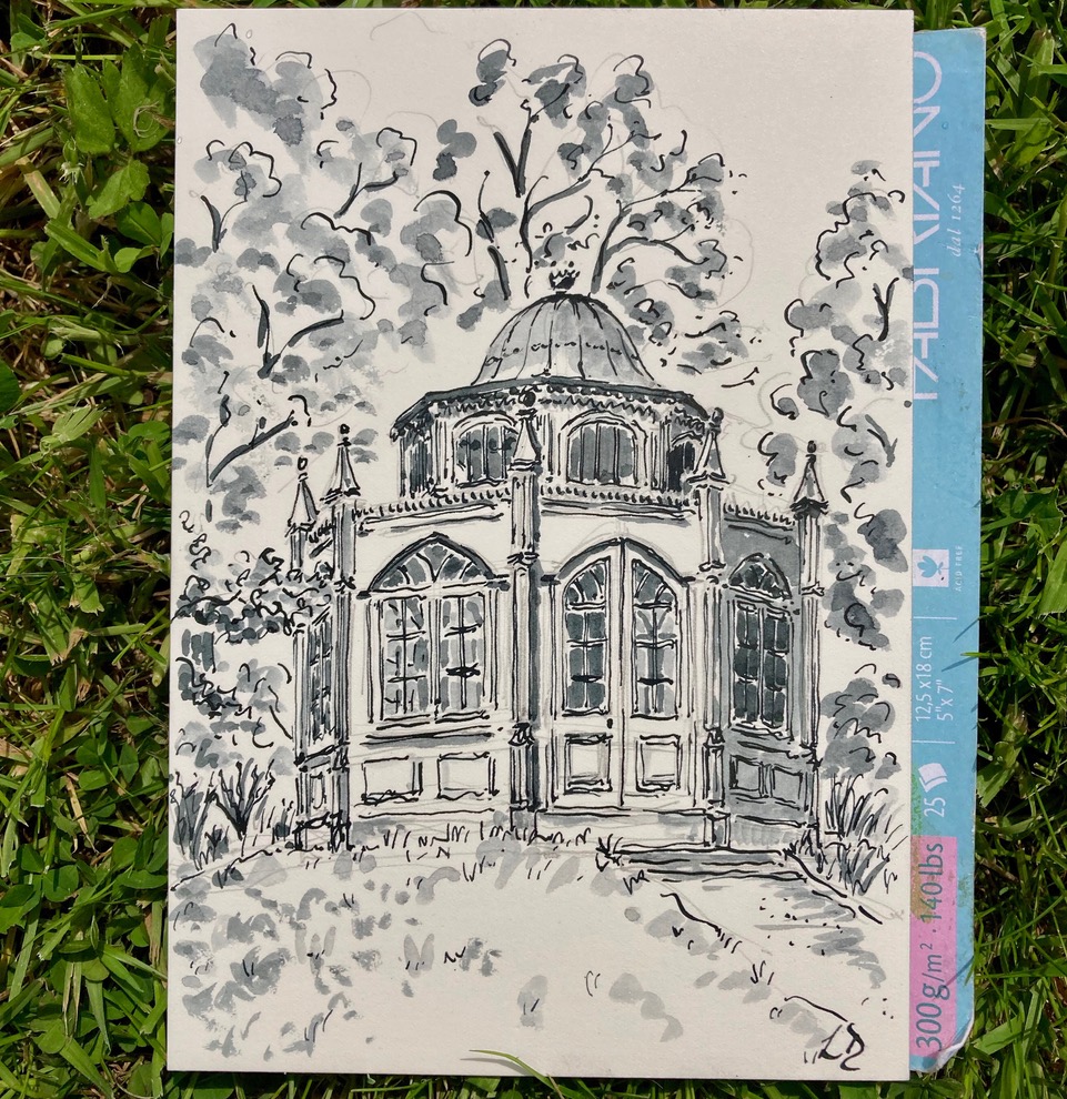 Laura Diggens sketch of Combermere Abbey folly